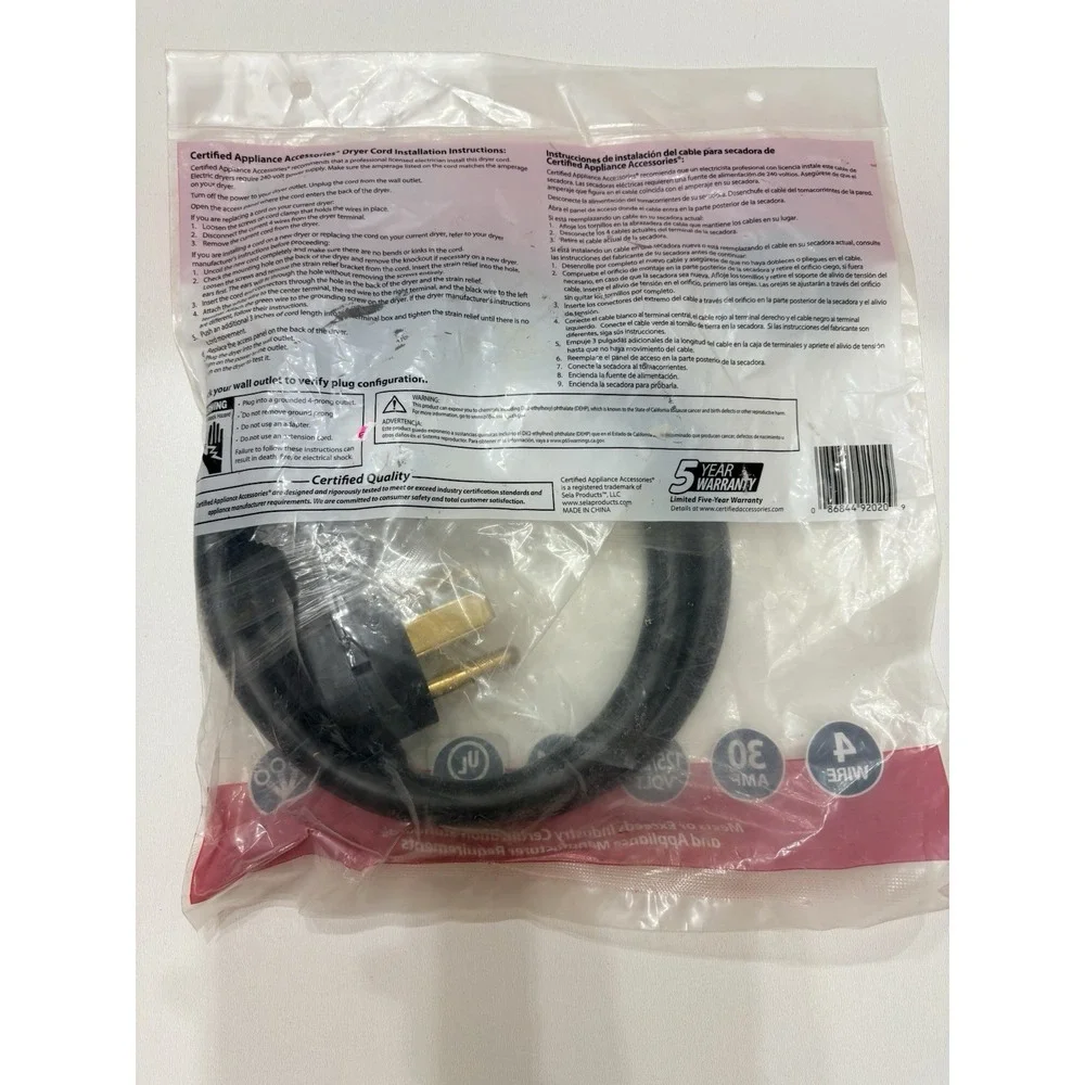 Certified Appliance 4 Prong‎ 4 Ft. Universal Electric Dryer Power Cord -30 Amp